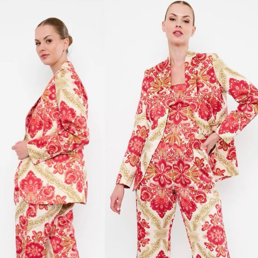 Flora Bea Floral Paisley Boho Whimsical Satin Blazer Jacket L